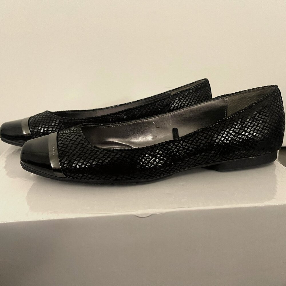 Calvin Klein Black two-tone snake Print/Patent flats with dark metal detail